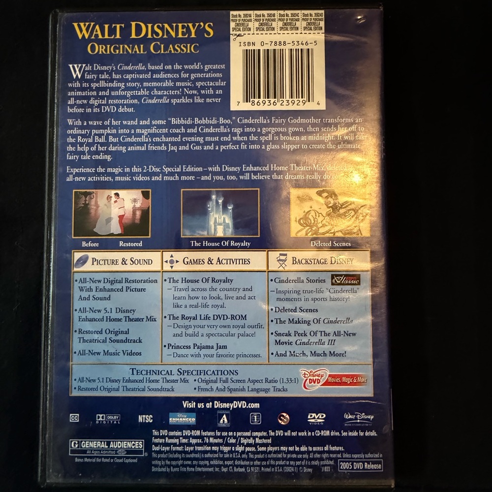 Disney Cinderella Original Classic DVD - Blue and Gold - Picture 2 of 4